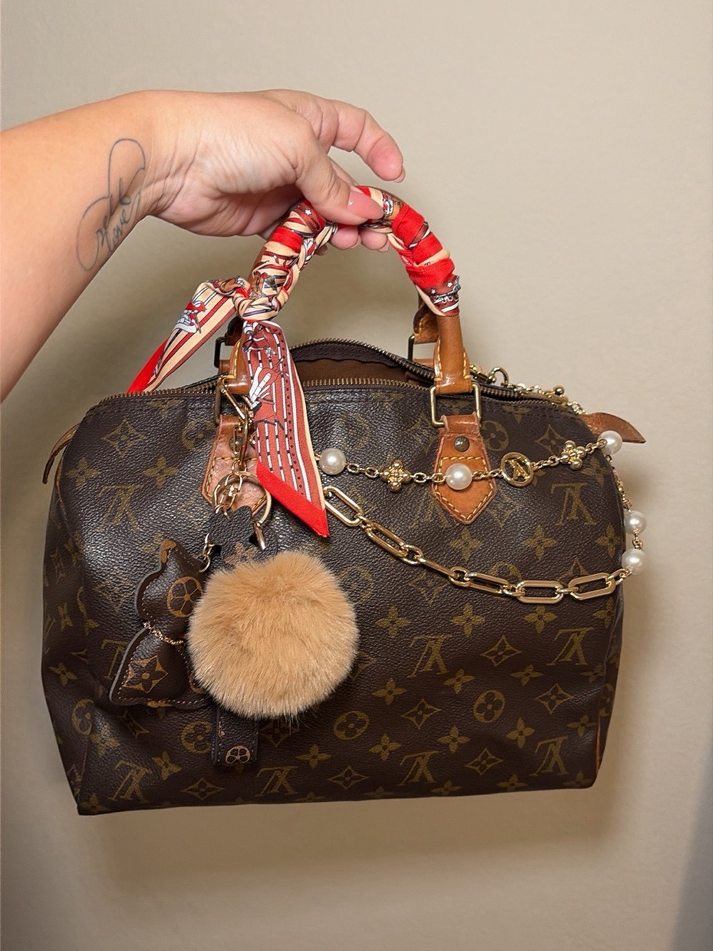 Louis Vuitton Brown Monogram Satchel with Red Scarf Handles